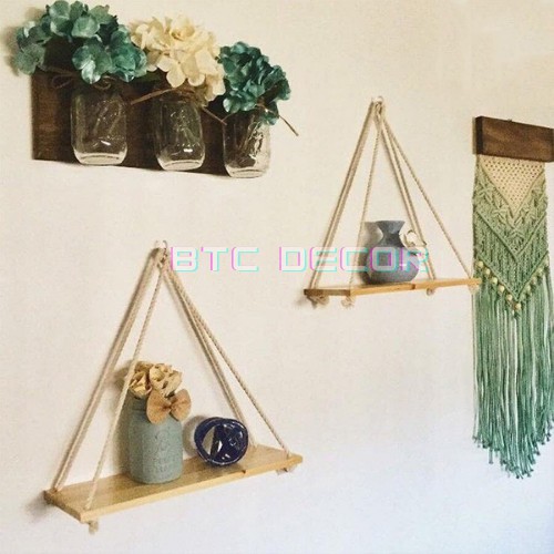 Kệ Gỗ Thông Treo Tường Dây Thừng 40cm BTC DECOR Phong Cách Hàn Quốc - Chống mối mọt, chịu lực tốt - Bảo Hành 12 Tháng