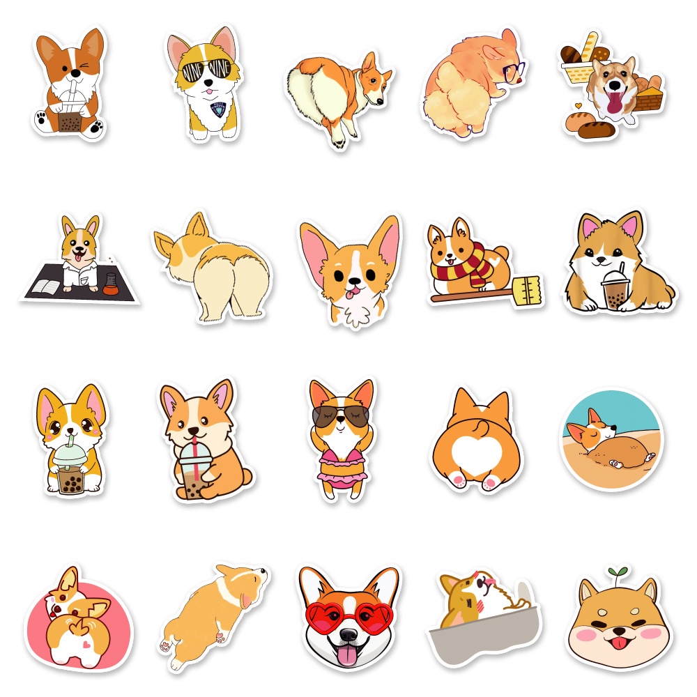 Set 20 sticker hình dán chó Corgi, Yugui, Pudding chống nước dán sổ tay, mũ bảo hiểm, xe máy, bình nước, vali, ván trượ