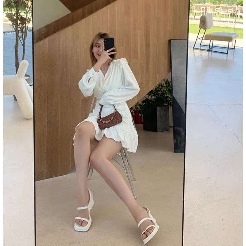 (CLIP THẬT) Đầm dự tiệc tay dài nhún trắng vai bèo Ben | BigBuy360 - bigbuy360.vn