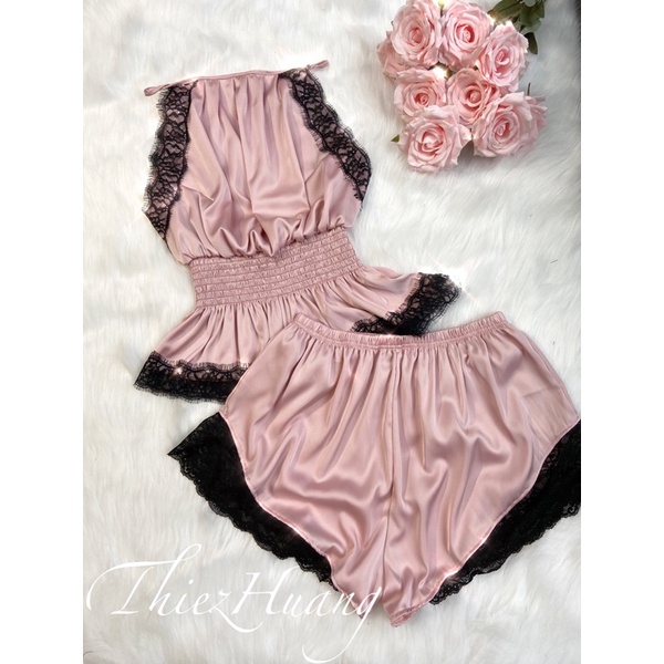 Set cổ yếm lụa mặc nhà phối viền ren đáng yêu, quyến rũ