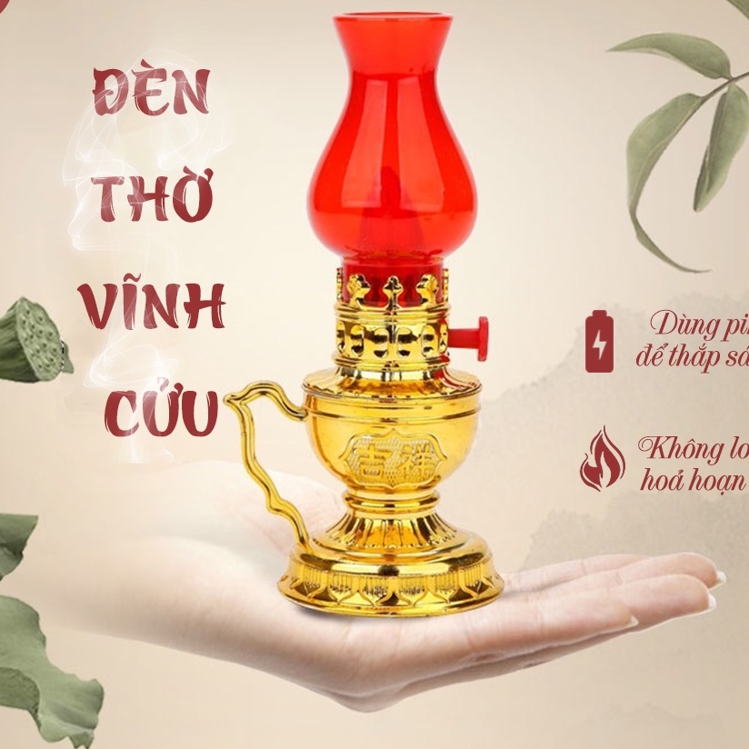 Đèn thờ vĩnh cửu,sử dụng pin, thiết kế cổ kính, hài hoà, cân đối, tăng phần trang nghiêm