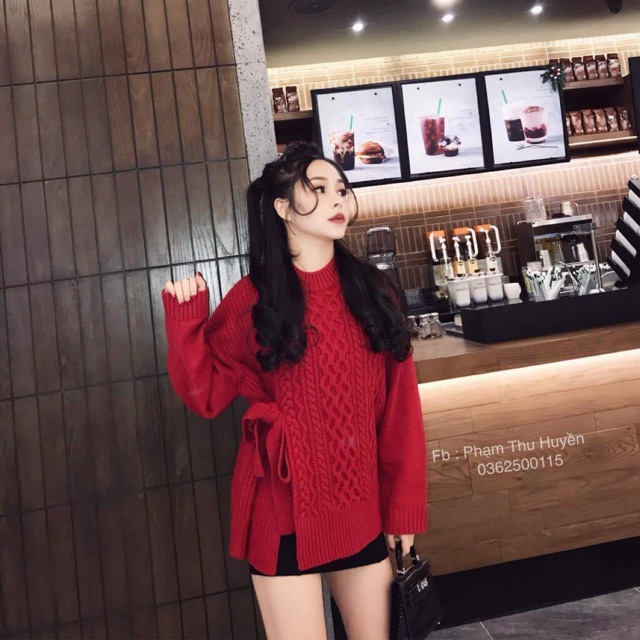 Áo len buộc nơ eo full màu đỏ nâu be
