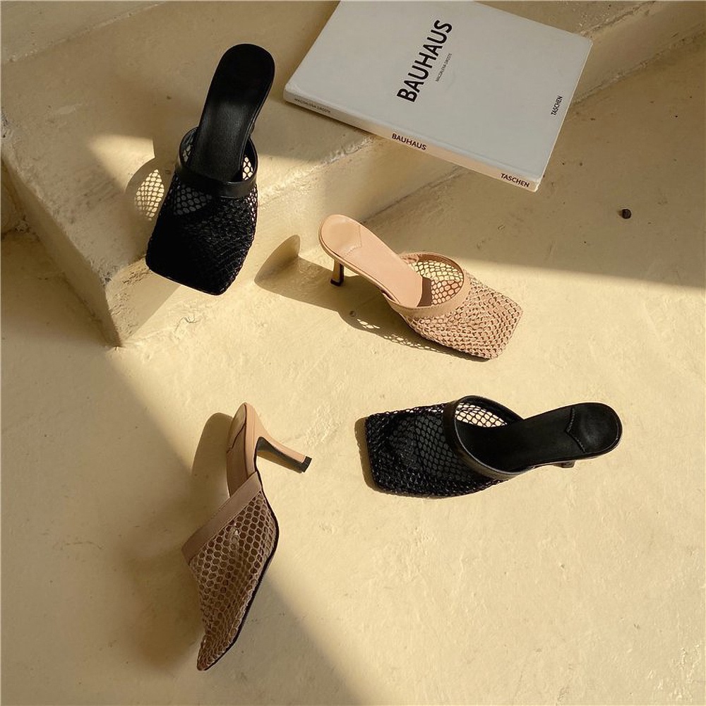 Giày mules lưới mũi vuông cao gót 7cm