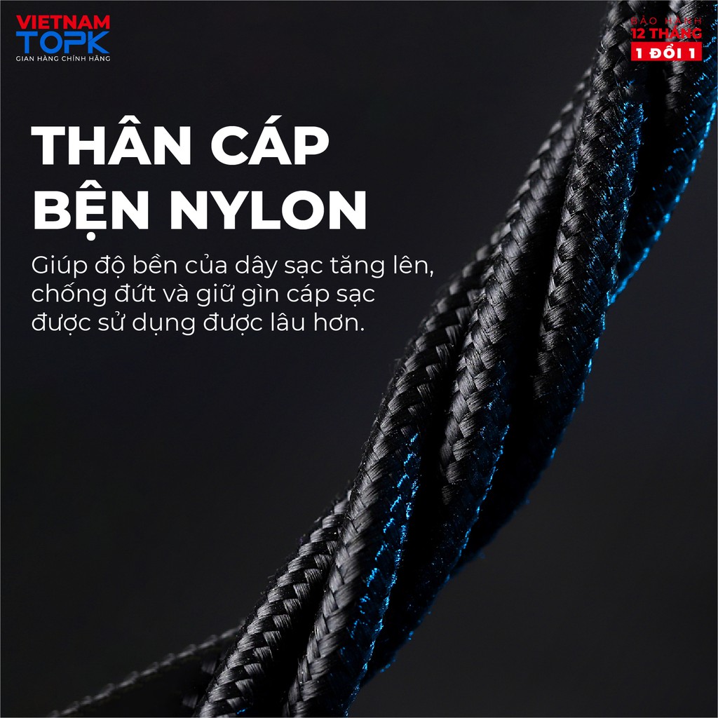 Dây sạc nam châm TOPK AM51 - Đầu vuông góc có đèn LED Hàng Bảo hành 12 tháng