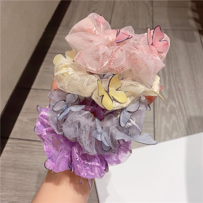 Dây buộc tóc vải lưới thiết kế co giãn họa tiết bươm bướm xinh xắn