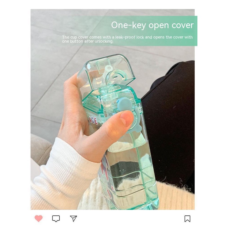 Bình Nước Nhựa Hình Vuông Sức Chứa Lớn Có Ống Hút Họa Tiết Dễ Thương Cho Nữ