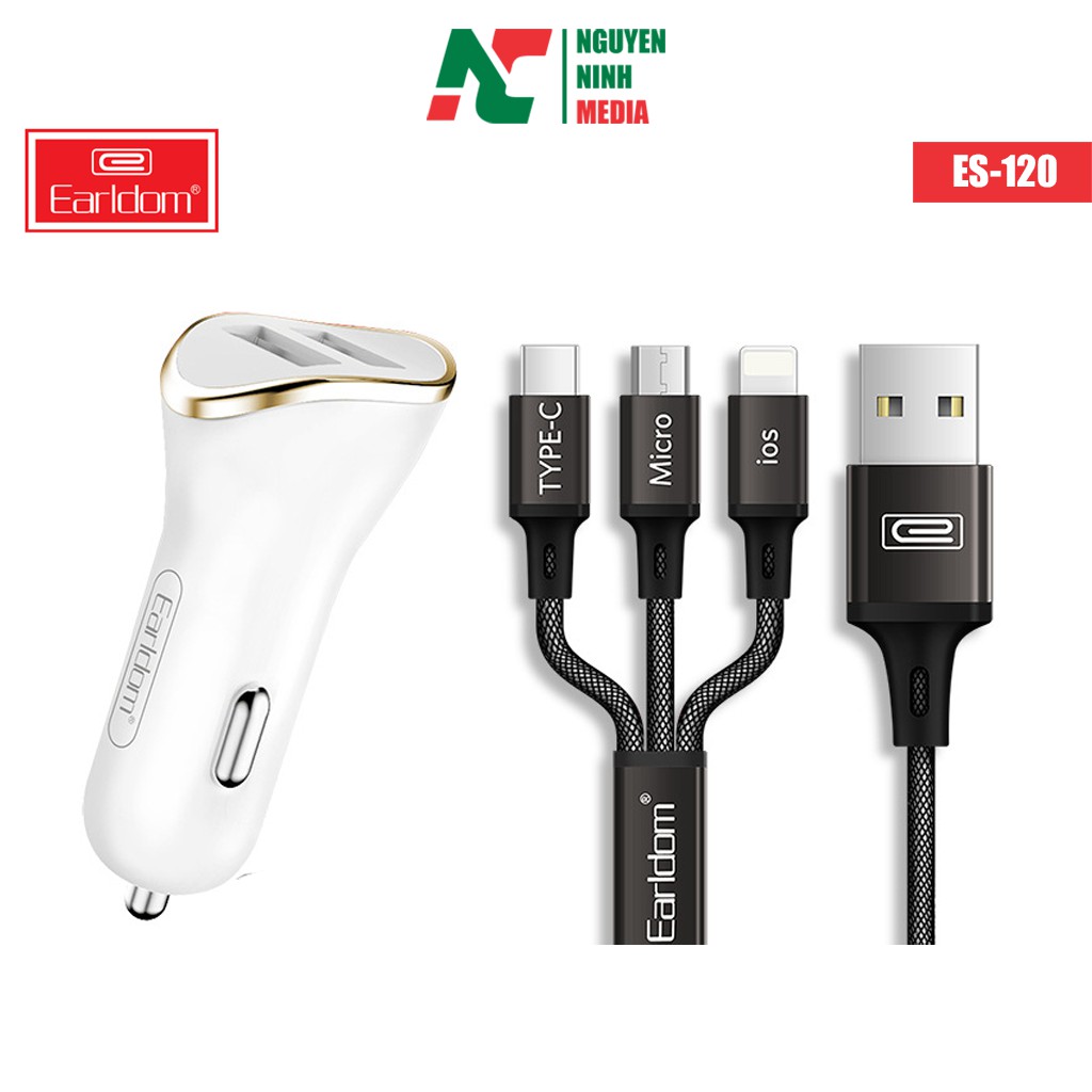 Bộ Sạc Nhanh Ôto 2 Cổng Earldom ES-120 (Tặng Cáp Sạc 3 Đầu)