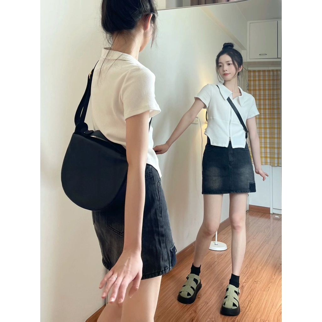 Xiaozhainv Set Áo Cardigan Ngắn Tay Và Chân váy jean Chữ A Lưng Cao Phối Khóa Kéo Thời Trang Mùa Hè