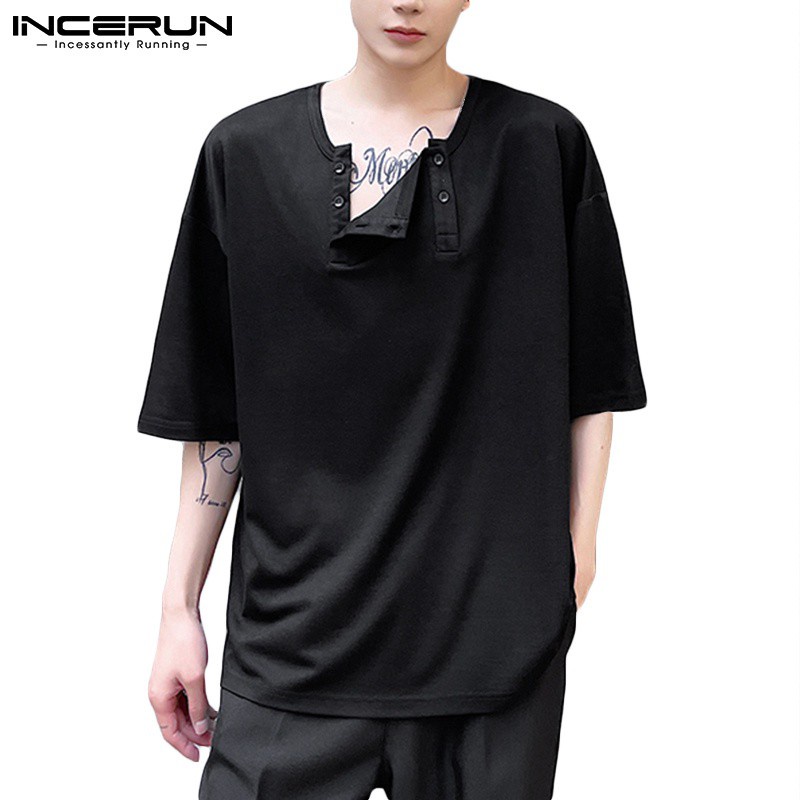 Áo INCERUN tay ngắn màu trơn dáng rộng thời trang dành cho nam