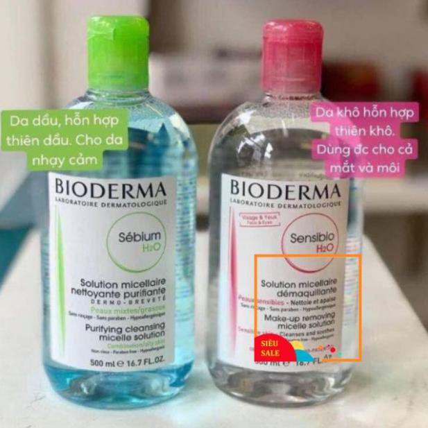 Nước Tẩy Trang Bioderma Crealine màu hồng cho da nhạy cảm, Bioderma Sebium cho da dầu mụn 500ml