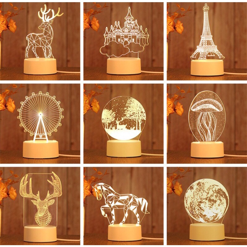 Đèn Ngủ Mica bóng Led 3D pilu trang trí để bàn , đồ decor phòng ngủ cắm điện dây USB,hai chế độ sáng có công tắc bật/tắt