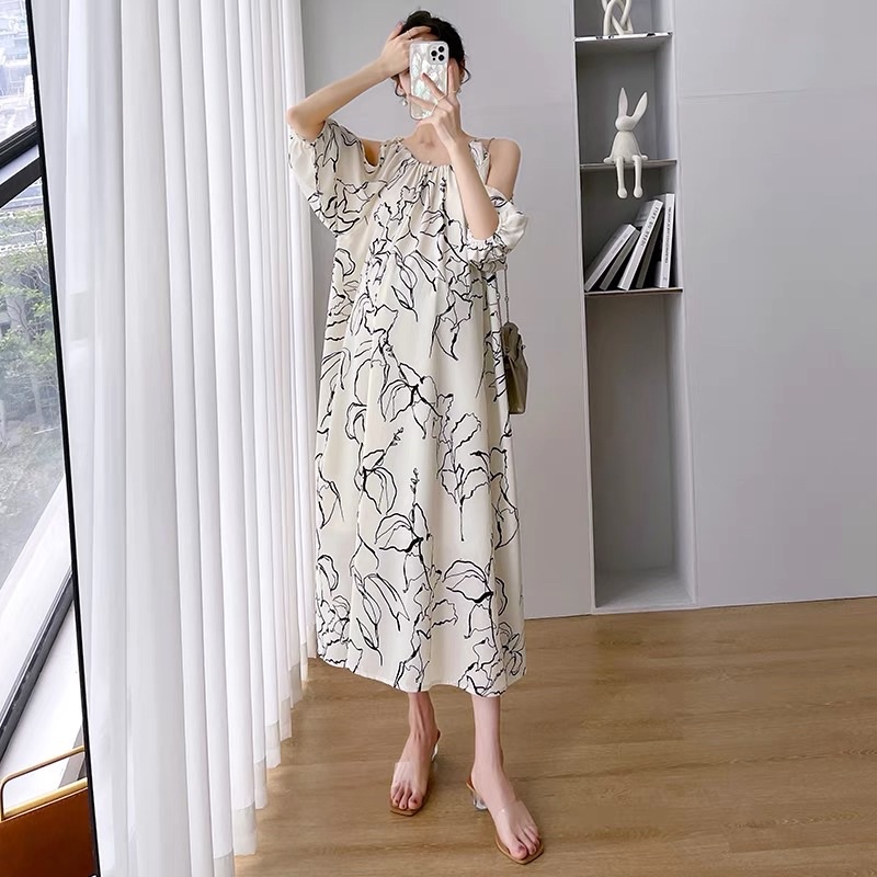 Váy đầm bầu dáng dài phom xuông rộng hở vai hàng quảng châu