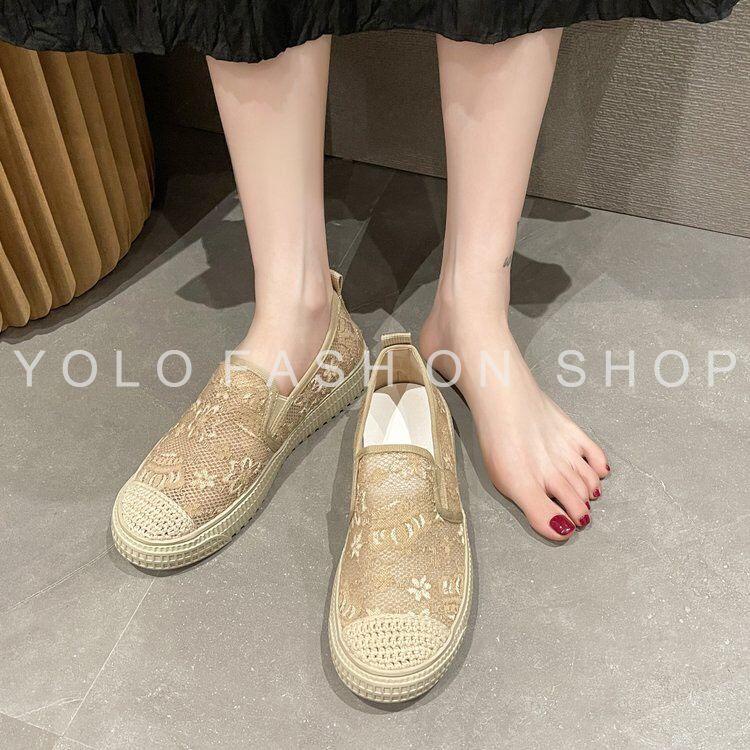 Giày lười slip on nữ dáng basic phối ren vintage siêu mềm êm chân hàng cao cấp chuẩn đẹp-GL25