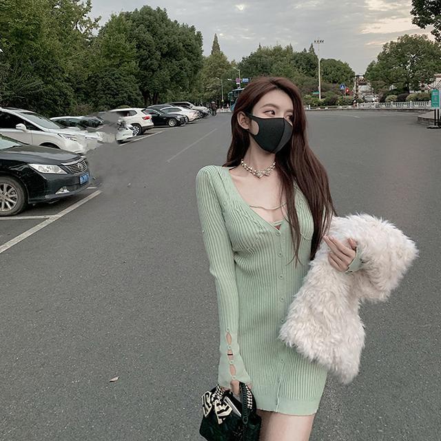 Sản Phẩm mới mùa thu!Đầm Dệt Kim Đen Tay Dài Cổ Chữ v Thời Trang Thu Đông 2020 Dành Cho Nữ