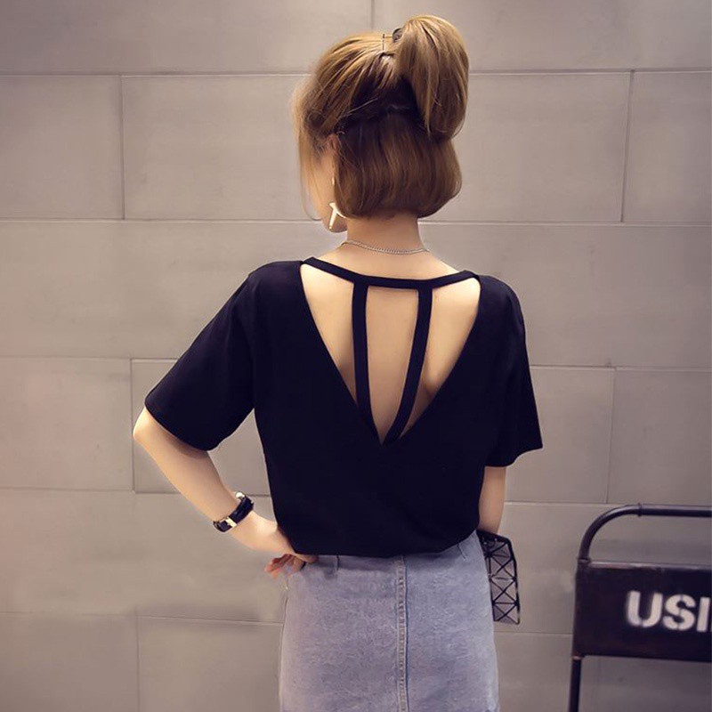 Áo thun tay ngắn phối dây sau lưng quyến rũ cho nữ