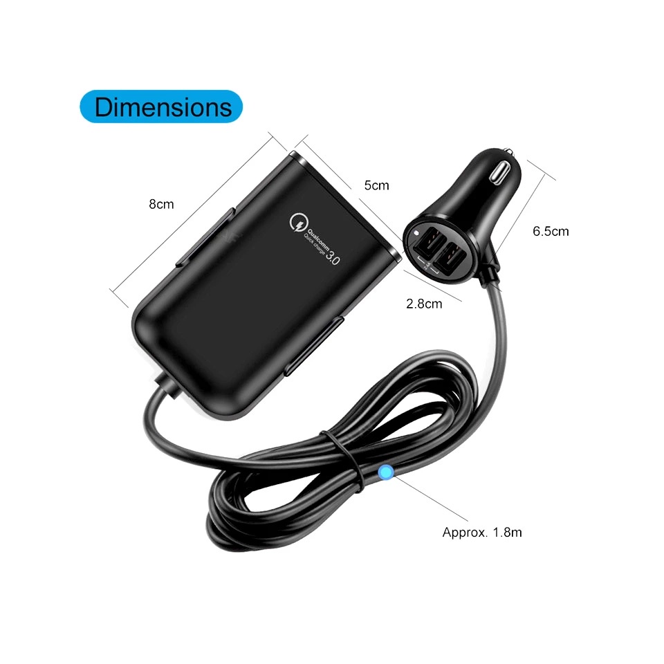 Tẩu sạc ô tô nhanh có dây kéo dài tích hợp bộ cấp nguồn điện cho hàng ghế sau Qualcomm cao cấp