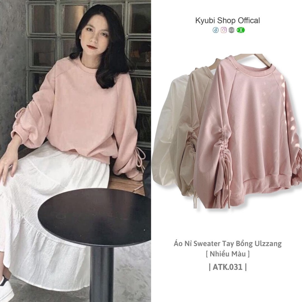 Áo nỉ sweater nữ tay bồng kiểu dây rút ulzzang chất nỉ nhung Quảng Châu [Nhiều màu ]- Áo kiểu nữ Kyubi Shop - ATK033