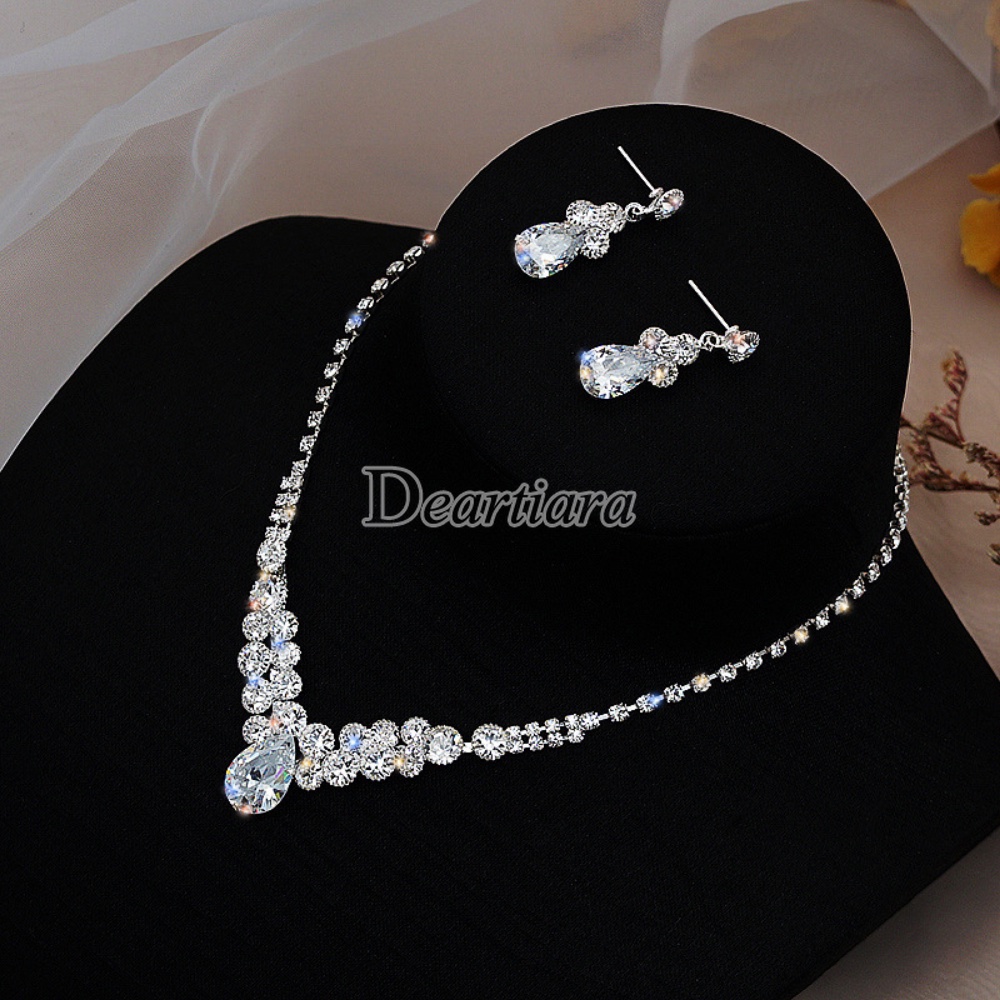 Bộ Vòng cổ + Bông Tai Đính Kim Cương Zircon Hình Giọt Nước Sáng Thời Trang
