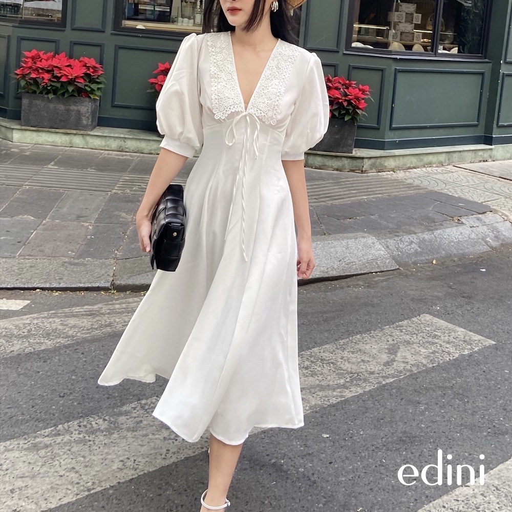 Đầm Cổ V Phối Ren Tay Phồng EDINI - D1448
