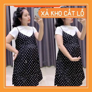Váy yếm bầu 2 dây chấm bi Xuân Hè dáng suông freesize cho mẹ bầu tăng cân 48-68kg, mặc nhà, đồ ngủ đều đẹp [HÀNG CHUẨN L