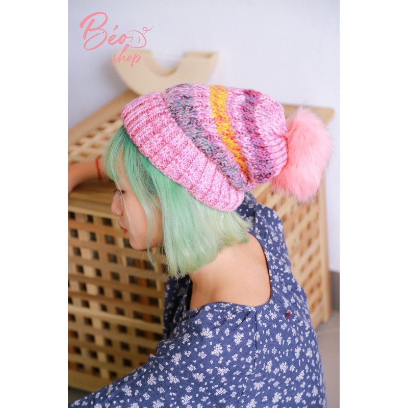 Mũ len kẻ sọc lót lông mềm mại thời trang Hàn quốc