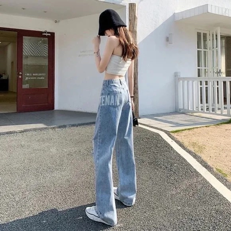 Quần jean nữ ống rộng in chữ ngang hông rách gối siu hot hàng quảng châu cao cấp
