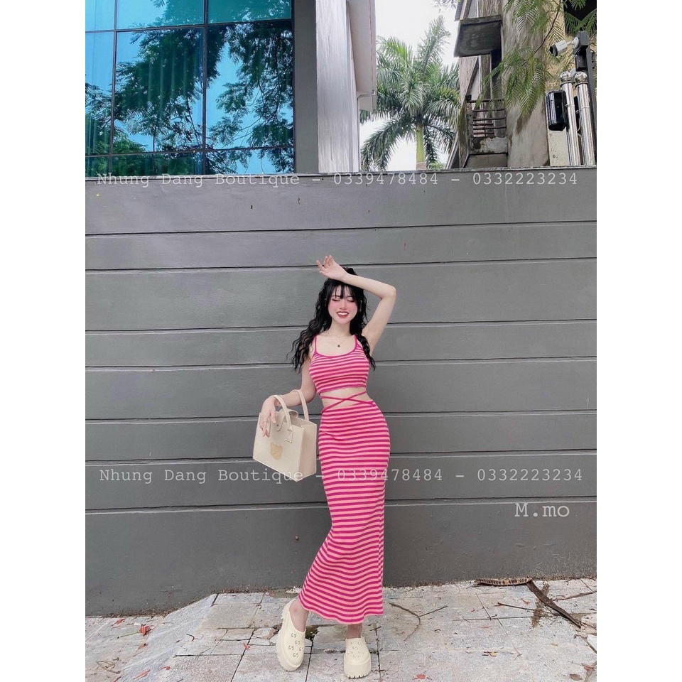 Set bộ nữ áo hai dây chân váy dáng dài họa tiết kẻ sọc