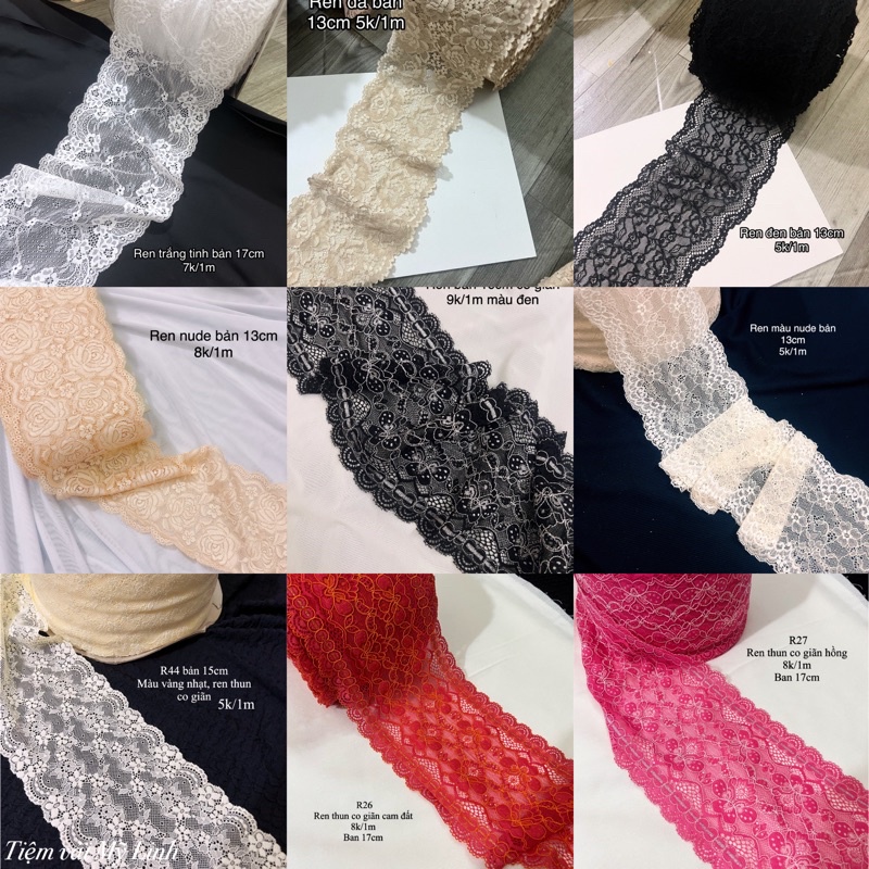 Vải ren thun co giãn bản 13-18cm ren công ty mềm mịn may nội y, trang trí váy áo,… giá 1m
