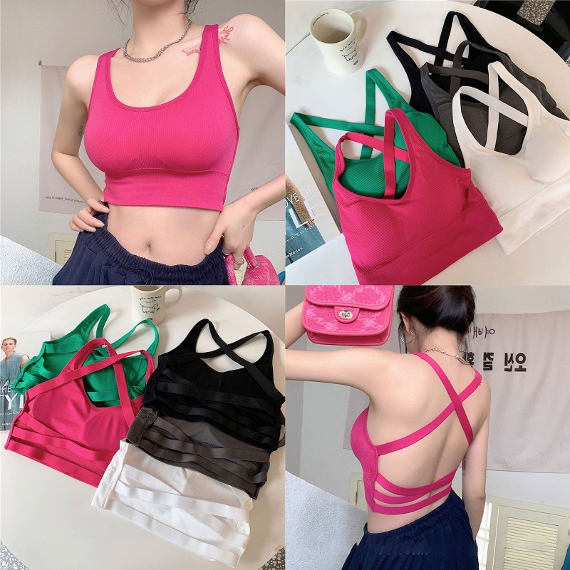 Brroa Áo Tank Top Thể Thao Đơn Giản Có Mút Đệm Mềm Dây Chéo Lưng Ôm Dáng Gợi Cảm Cho Nữ
