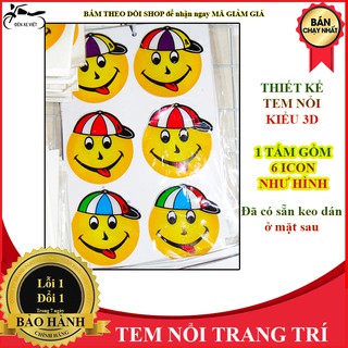 [ẢNH THẬT] 1 TẤM TEM NỔI, DECAL DÁN GỒM 6 ICON MẶT CƯỜI ĐỘI MŨ CỰC VUI NHỘN DỄ THƯƠNG - NỔI KIỂU 3D, CHỐNG NƯỚC