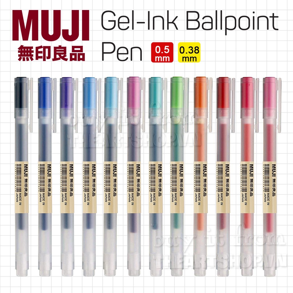 Bút bi nhựa có nắp thuơng hiệu MUJI Nhật Bản ngòi 0.5/0.38mm- 9 màu