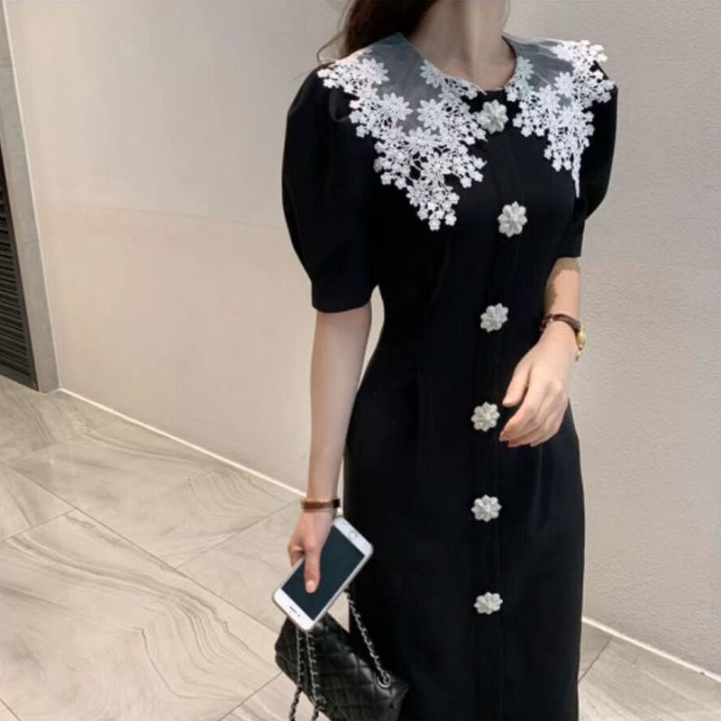 Đầm midi Mùa hè đen tay ngắn hoa ăn mặc thanh lịch giản dị 2023