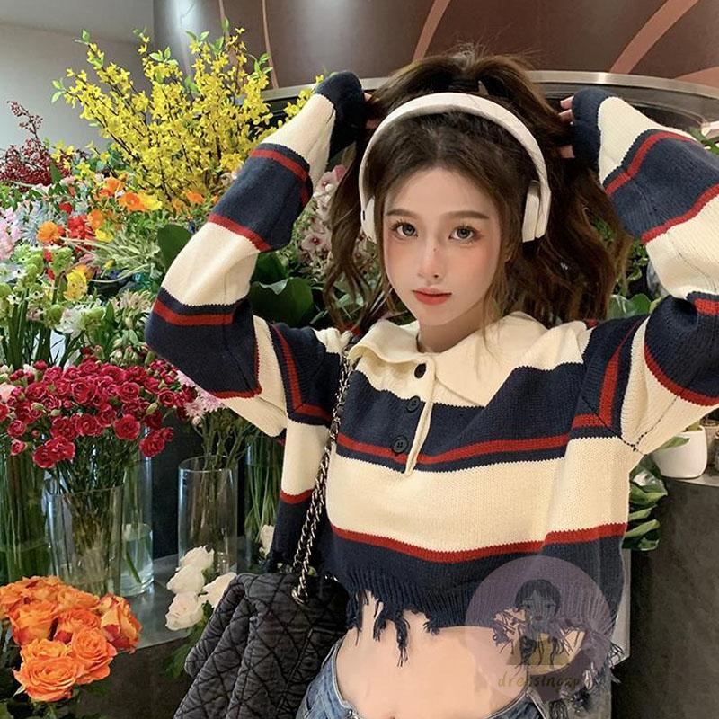 Áo Dệt Kim Tay Dài Cổ Tròn Màu Sắc Tương Phản Thời Trang Cho Nữ