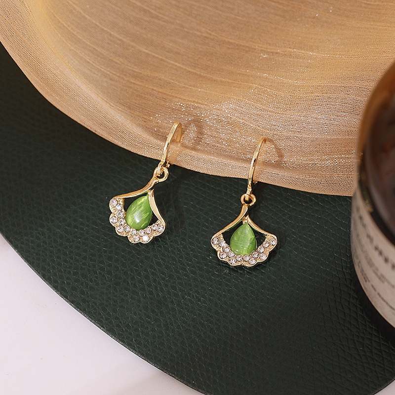 Bông Tai Dáng Dài Đính Đá Opal Hình Lá Ginkgo Phong Cách Hàn Quốc Thời Trang Cho Nữ