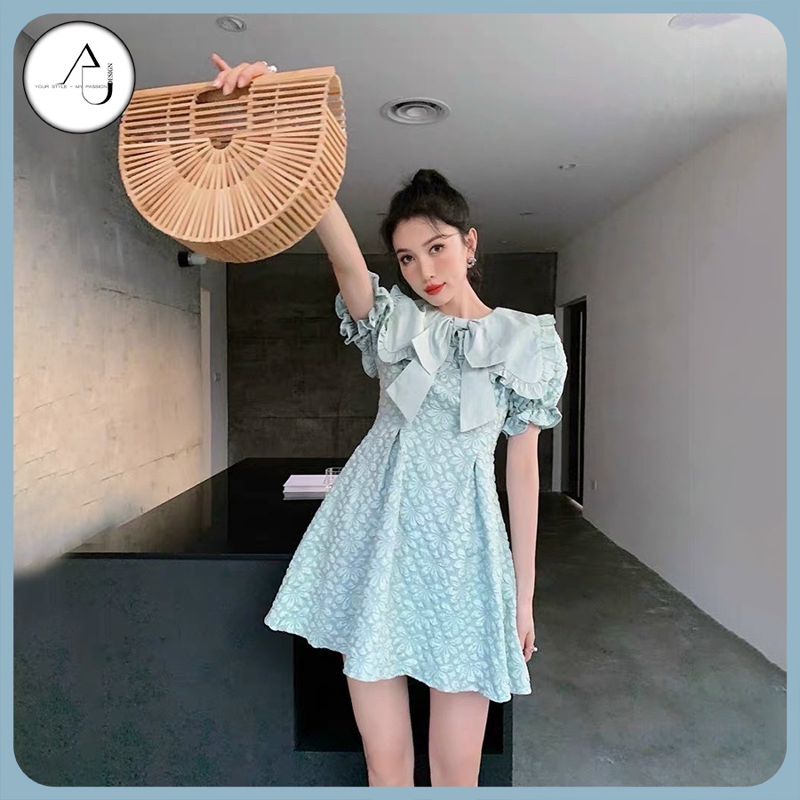 Đầm Gấm Xanh Dự Tiệc Tay Phồng AU.DESIGN Cổ Sen Bèo Nơ Sang Chảnh Màu Xanh Mint Freesize
