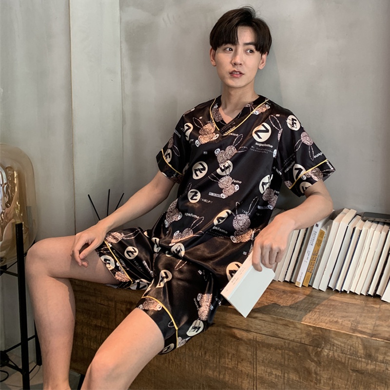 Bộ Đồ Ngủ Tay Ngắn Chất Lụa Satin Dáng Rộng Thời Trang Hàn Quốc Cho Nam Size L-7XL luyoo28