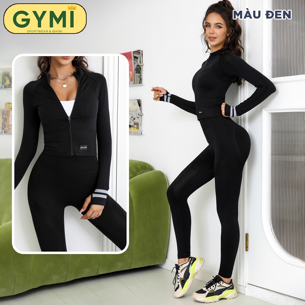 Set bộ đồ tập gym yoga nữ GYMI SET21 gồm áo khoác thể thao và quần legging chun mông chất dệt cao cấp