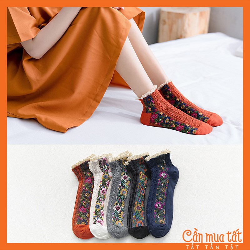 Tất Nữ Cổ Ngắn Phối Ren Họa Tiết Hoa Văn Vintage