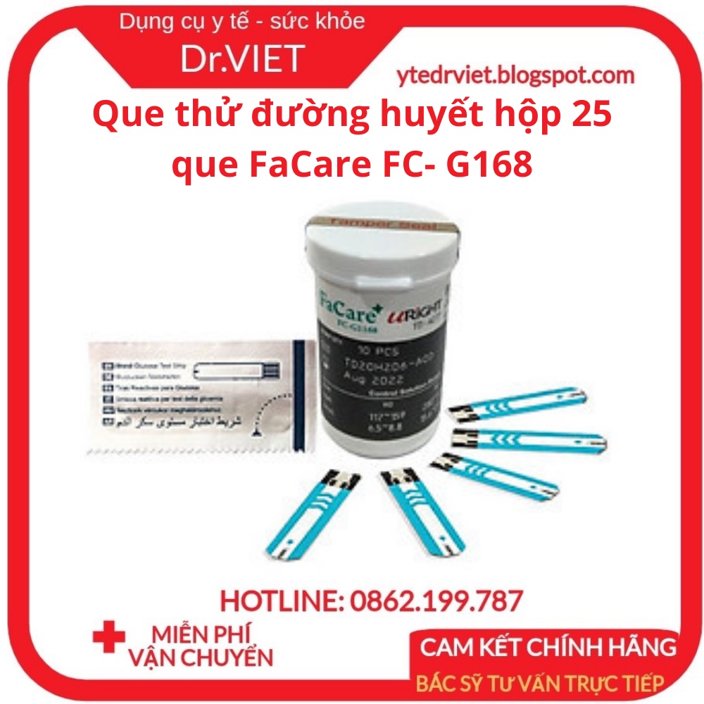 Que thử đường huyết hộp 25 que dùng cho máy đo đường huyết Facare FC- G168