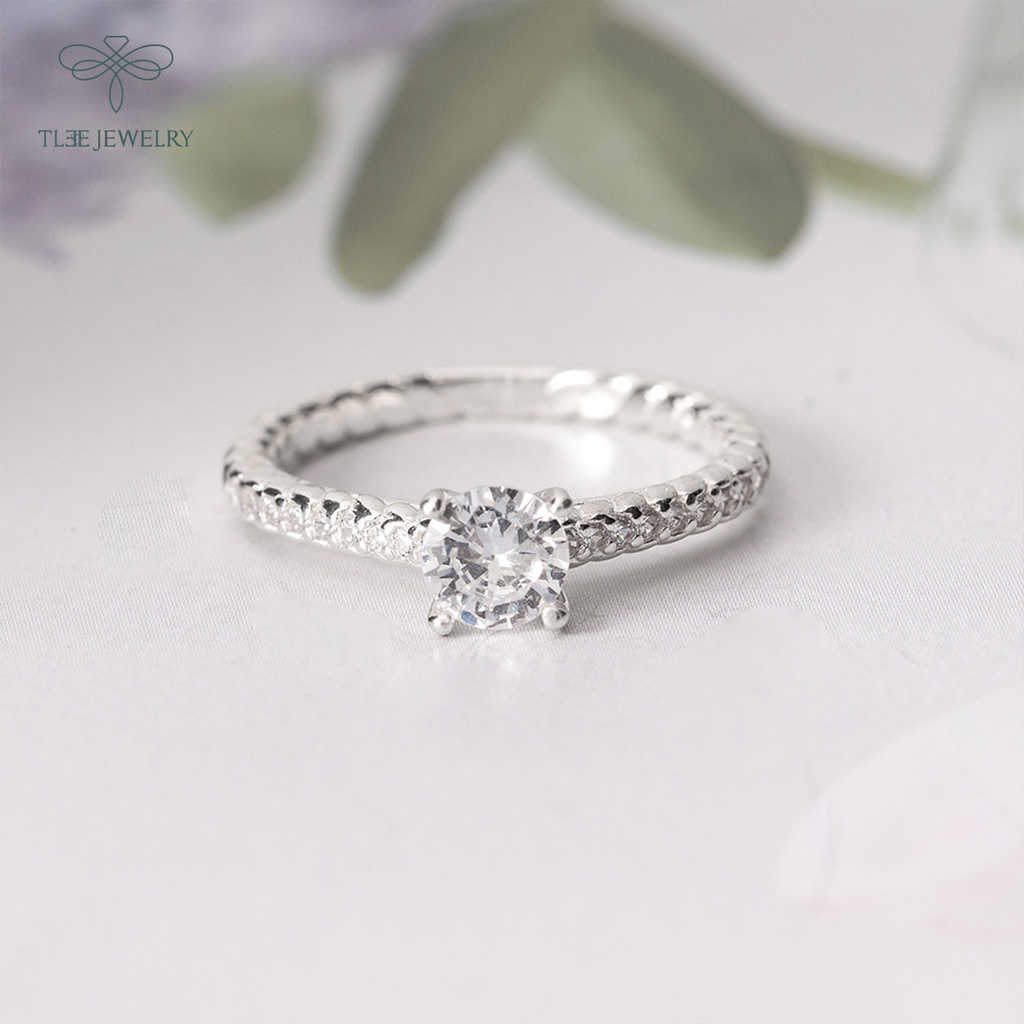 Nhẫn bạc nữ TLEE bốn chấu viền xoắn full dá bản dày cao cấp NCJ A0196