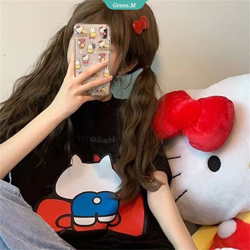 SANRIO Áo Thun Nữ Tay Ngắn Dáng Rộng In Hình Hello Kitty Đáng Yêu