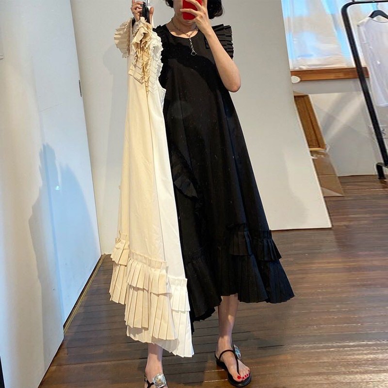 Đầm Midi Thiết Kế Korea Style Đầm Suông Dài Cotton Trơn Cổ Tròn Váy Maxi Dáng Xoè Form Rộng Chất Đũi Vạt Chéo Hàn Quốc