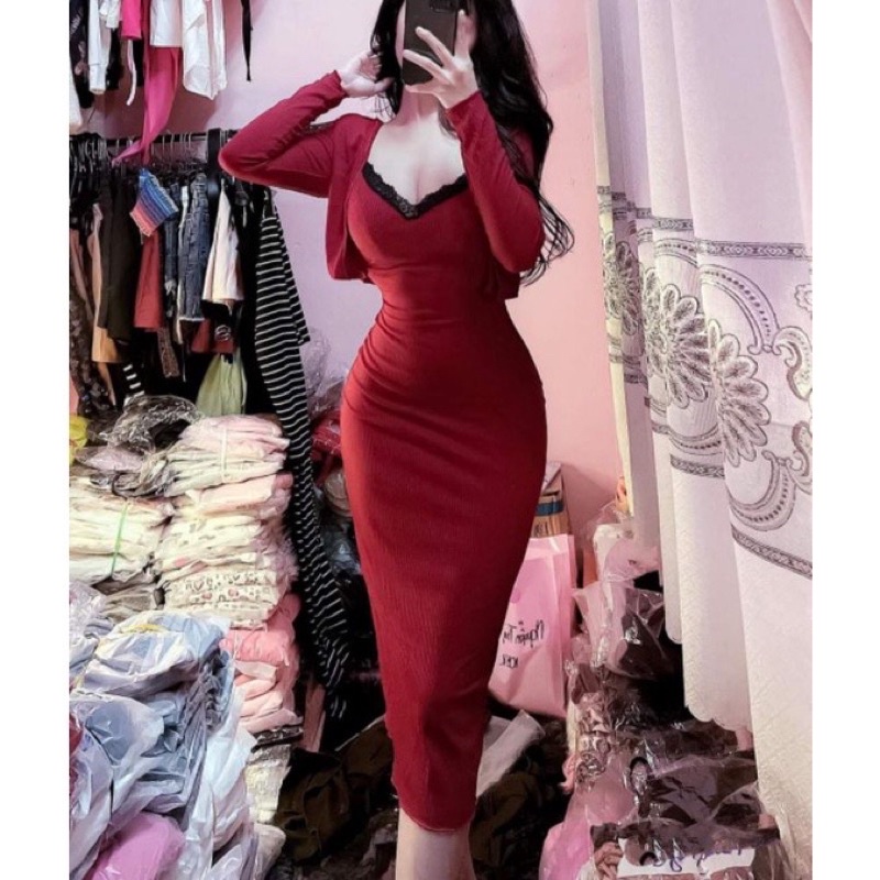 Đầm  2 dây kém áo khoác  chất vải thun gân