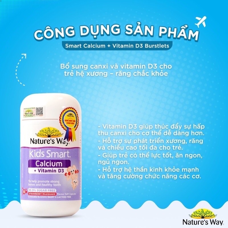 [Chính Hãng ] Viên nhai Nature's Way Kids Smart Calcium + Vitamin D3 - Giúp bé phát triển chiều cao.