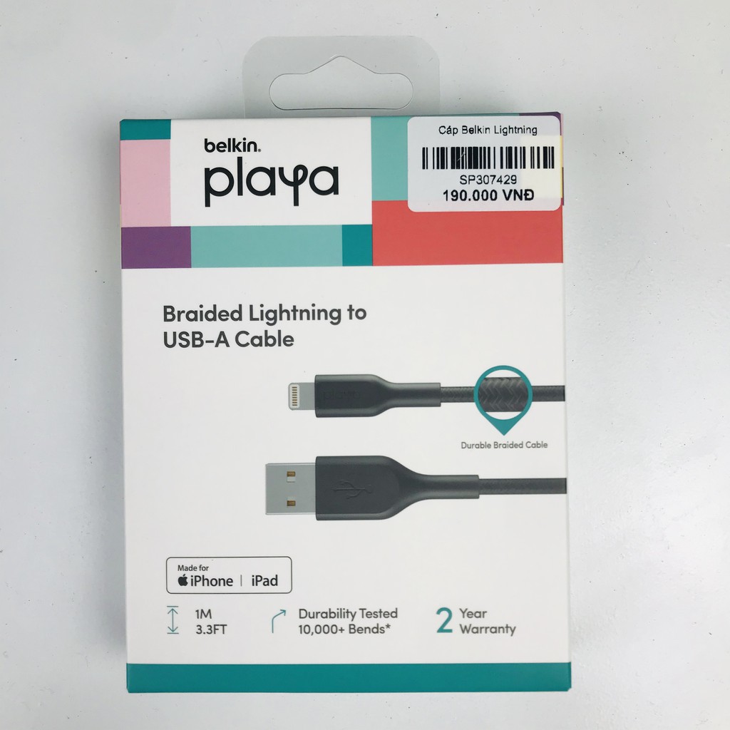 Cáp Dù Iphone 1M BELKIN PLAYA Usb - Lightning Chính Hãng, Sạc Nhanh, Độ Bền Cao, Bảo Hành 12 Tháng