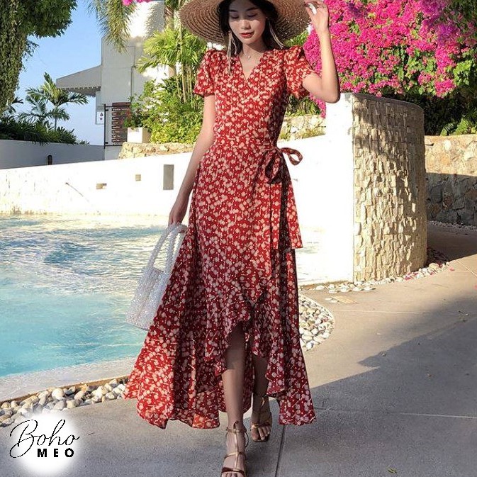 Váy cam đất hoa nhí trắng dây xỏ thắt eo