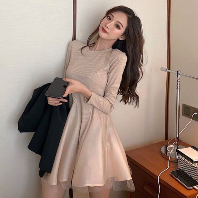 ODER- Váy len xoè phối vải kim tuyến có ảnh thật