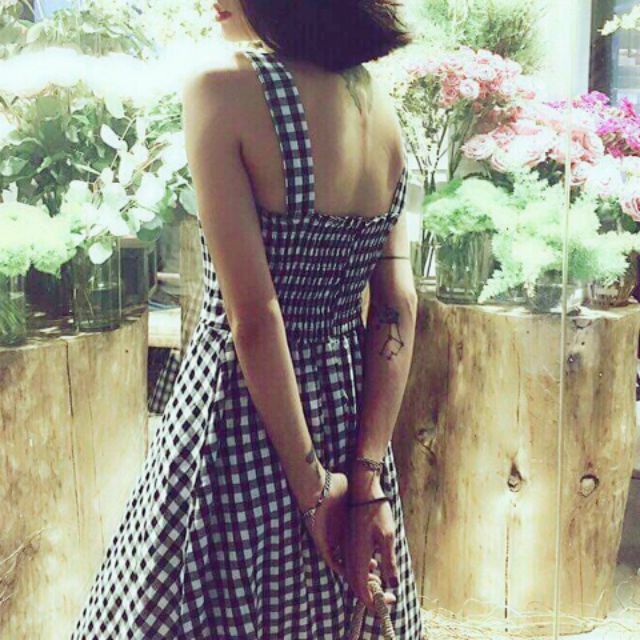 Đầm váy 2 dây maxi caro nhúng thun