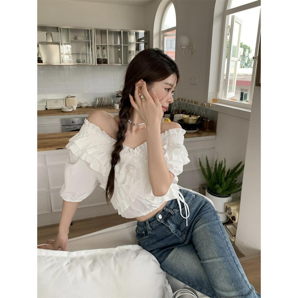 ZHELIHANGFEI Áo Kiểu Trễ Vai Tay Ngắn Màu Hồng Ngọt Ngào