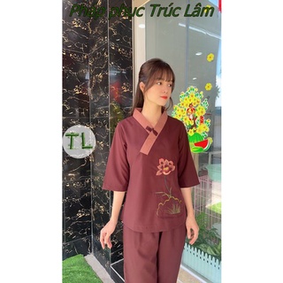 Áo lam đi chùa - Mẫu lụa 1 nút kate phối